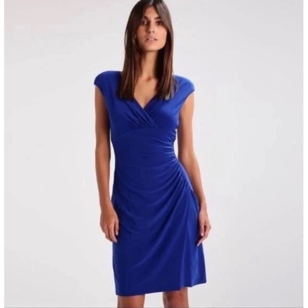 Lauren Ralph Lauren Womens 6 Ruched Jersey Stretch Dress Faux Wrap Royal Blue